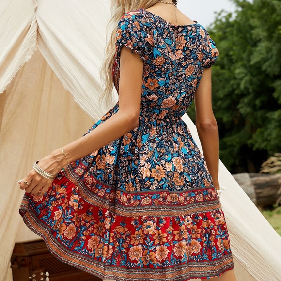 floral print Red v neck ruffle boho gypsy Dress - Picture 5 of 9